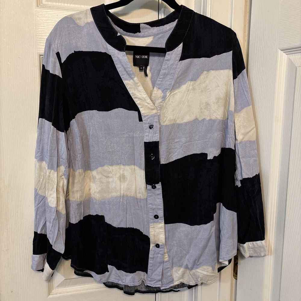 NIC+ZOE Women Blue White Watercolor Stripe Button Up Shirt LS Plus 1X Casual